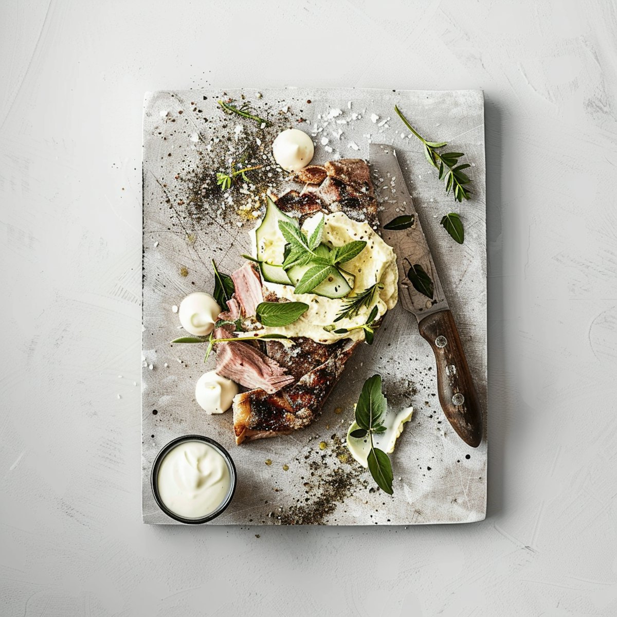 A plated farm-to-table dish with fresh herbs on a stone board