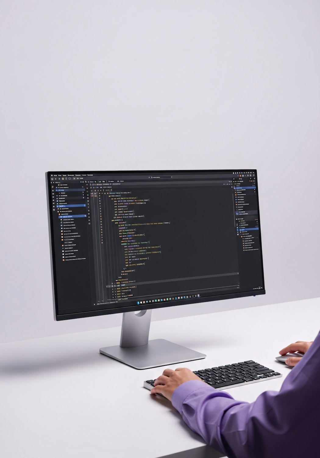 A monitor showing a code editor on a white desk